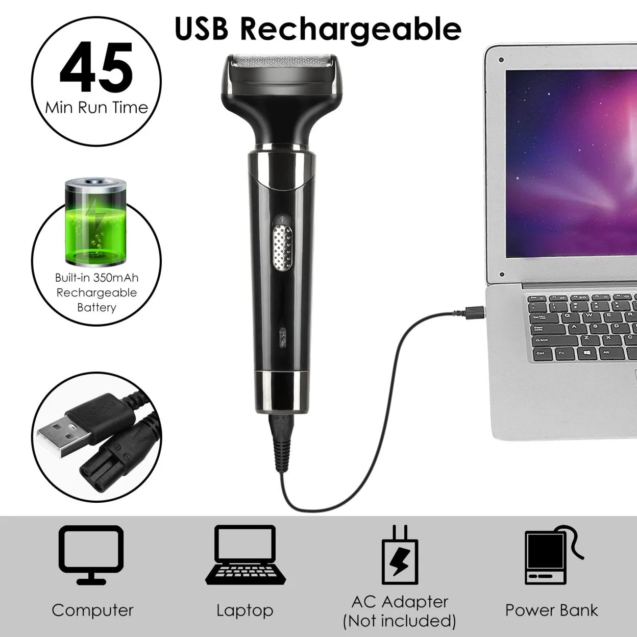 4 In 1 Rechargeable Razor Trimmer Beard Eyebrow Nose Hair Clipper Portable Black