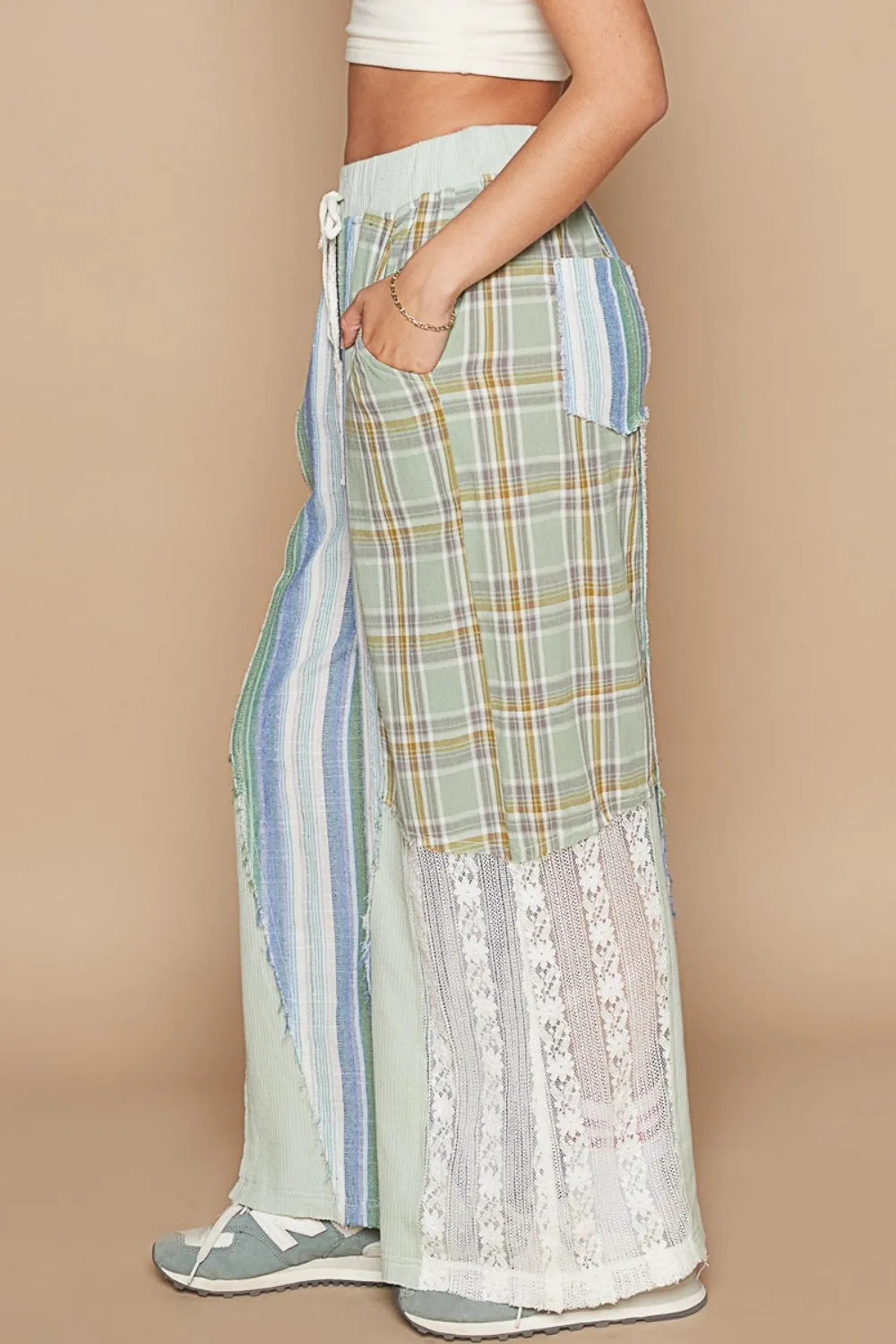 Drawstring Plaid Print Lace Straight Pants- POL