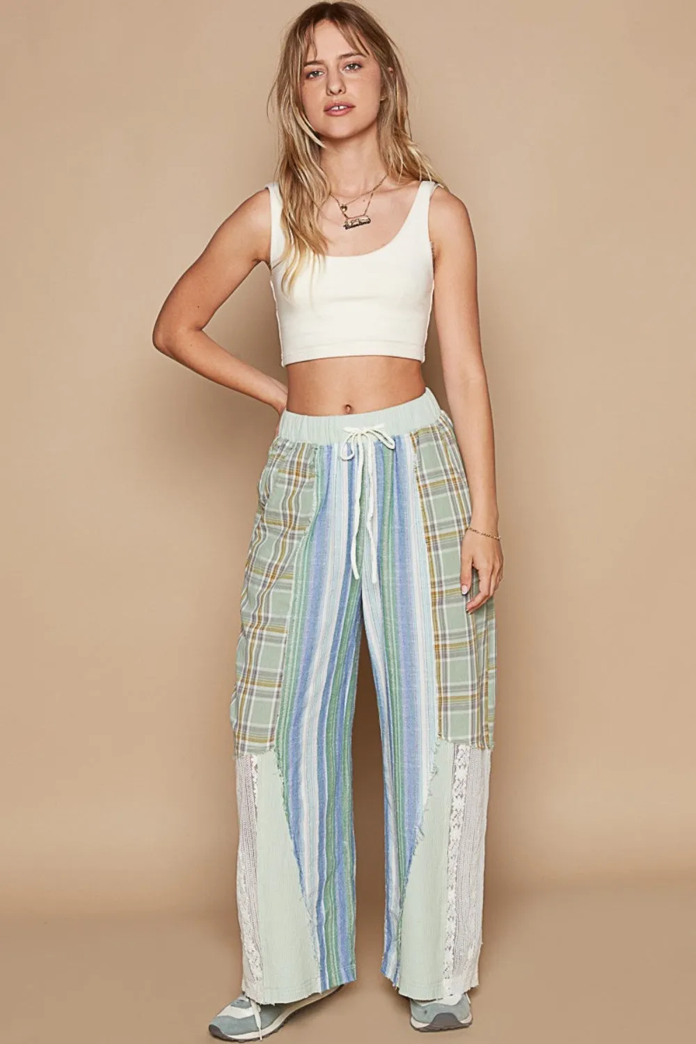 Drawstring Plaid Print Lace Straight Pants- POL