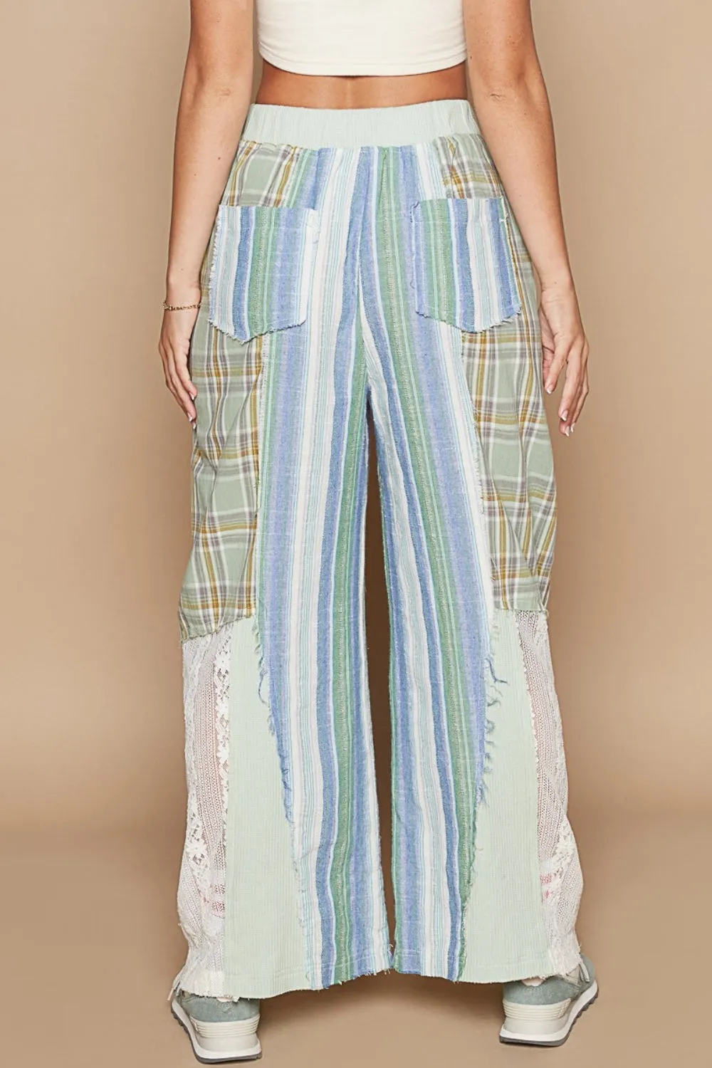 Drawstring Plaid Print Lace Straight Pants- POL