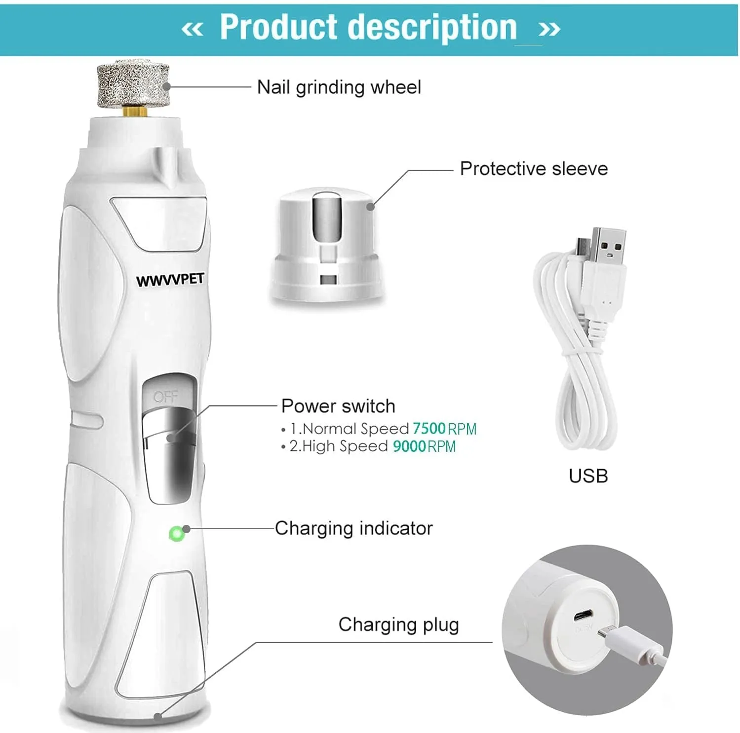 LED Pet Nail Grinder: Low Noise, 2-Speed