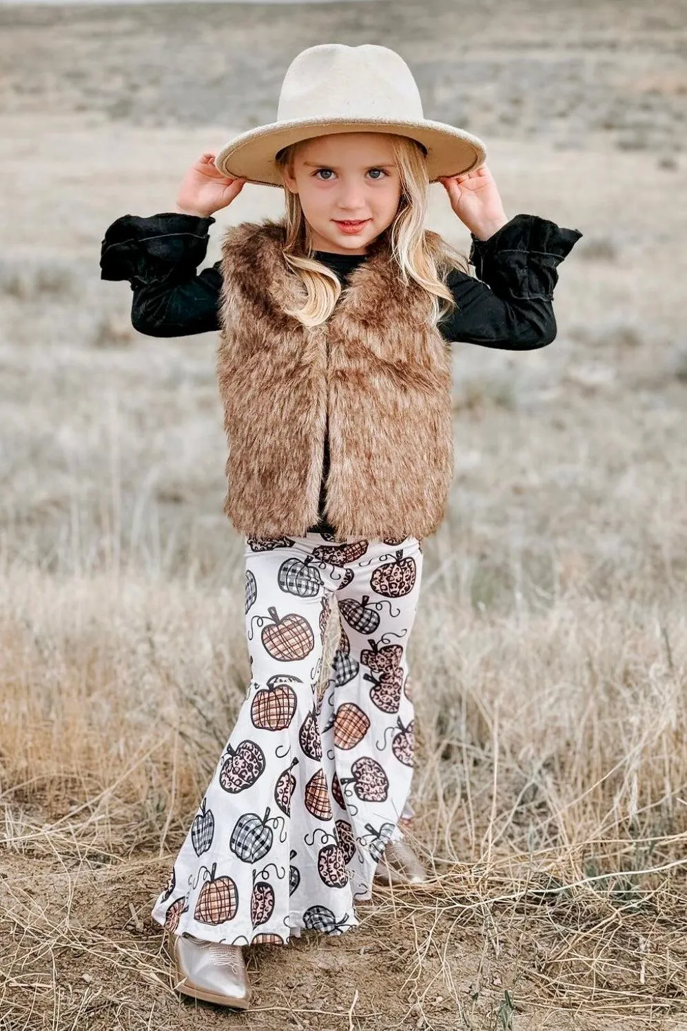 Pumpkin Bell Bottom Fur Vest Set
