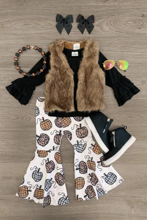 Pumpkin Bell Bottom Fur Vest Set