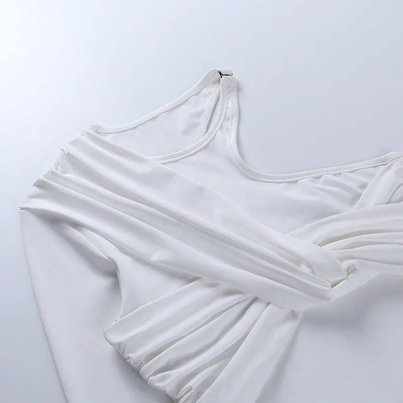 Women One-Shoulder Pleated White Bodysuit